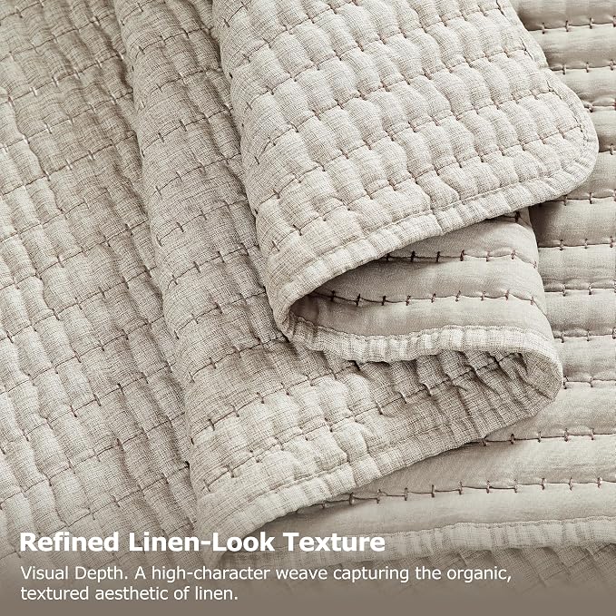WDCOZY Taupe King Size Pick Stitch Quilt Set, 3 Pieces 104x90 inches | Striped Lightweight Bedspread, Channel Farmhouse Coverlet, All Season Bedding Comforter, Textured Linen-Like, 2 Pillow Shams