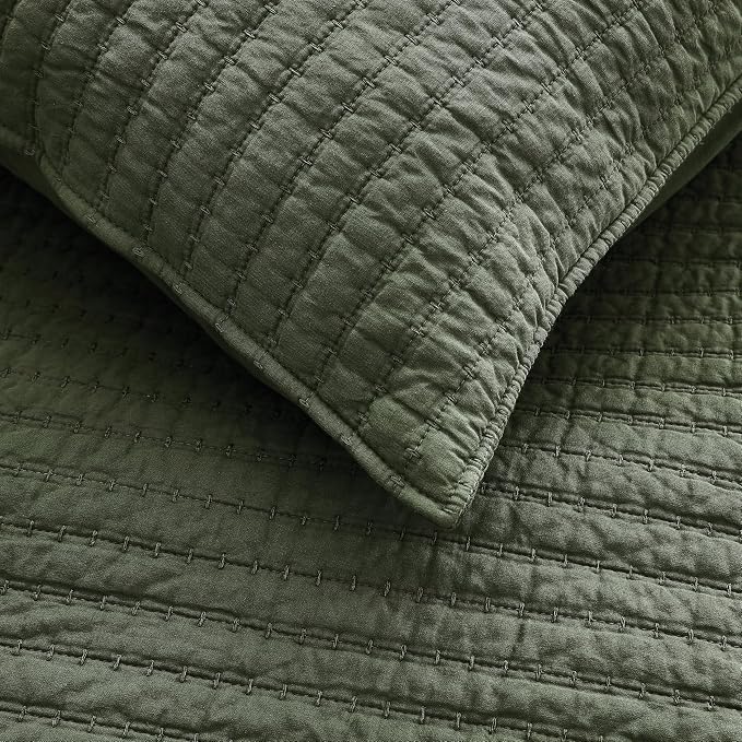 WDCOZY 100% Cotton King Size Quilt Set - Olive Green Striped Pick Stitch Soft Lightweight Bedspread, Textured Like Linen, Farmhouse Country Rustic Coverlet, Shabby Chic Gauze Bedding, 3 Pieces