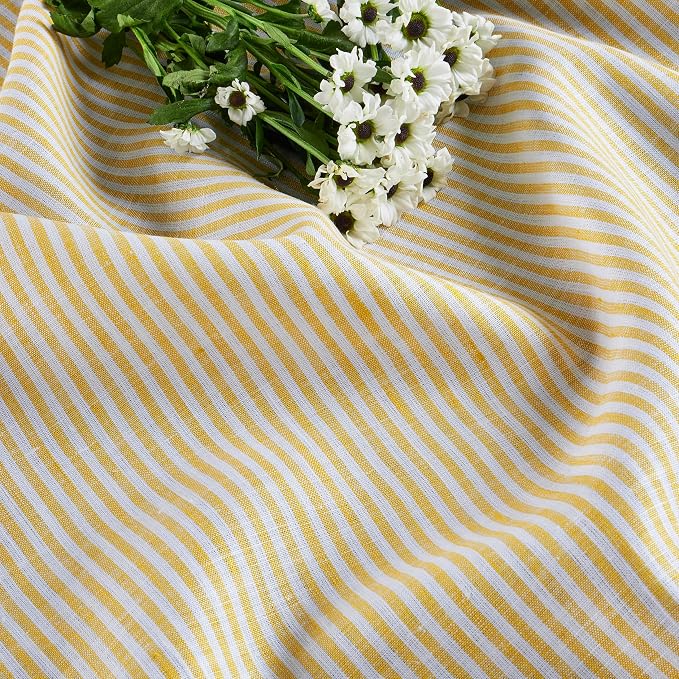 Solino Home 100% Linen Table Runner, 14 x 144 in, Mustard and White Striped | Narrow Stripe, dresses up dining tables for everyday meals, woven stripe, European flax fibres, soft, OEKO-TEX Certified
