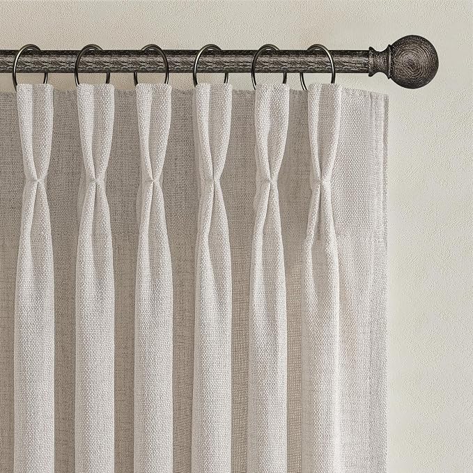 PleatedDrapes 112 Inch Extra Long Light Filtering Curtains for Kids Room 2 Panels Set, Greyish Brown Memory Shape Pinch Pleat Flax Linen Cottage Core Windows Curtain Privacy Semi Sheer Large Drapes