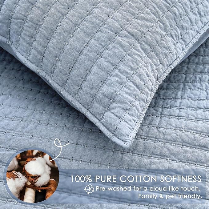 WDCOZY 100% Cotton Twin Size Quilt Set - Light Blue Striped Pick Stitch Soft Lightweight Bedspread, Textured Like Linen, Farmhouse Country Rustic Coverlet, Shabby Chic Gauze Bedding, 2 Pieces