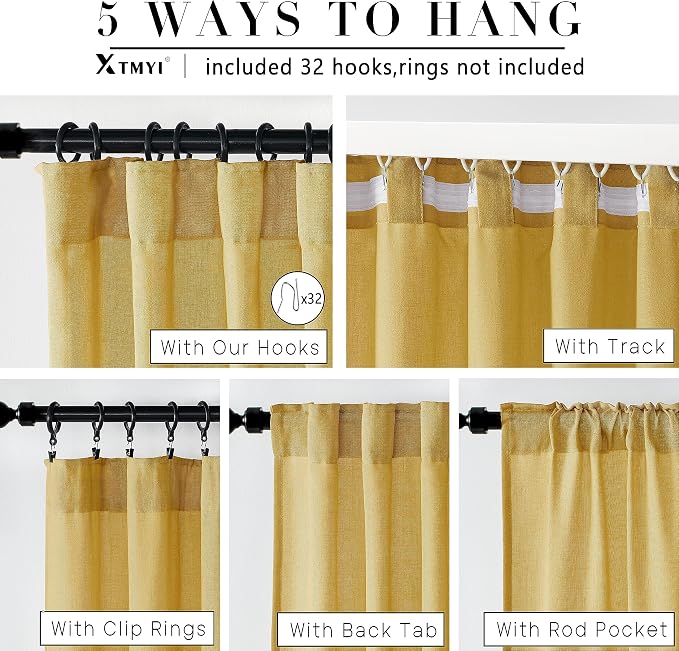 XTMYI Yellow Curtains 96 Inches Long for Living Room,Colorful Bright Mustard Mid Century Modern Decor,Linen Sheer Bohemian MCM Curtains for Bedroom 2 Panel Set,Dark Ocher