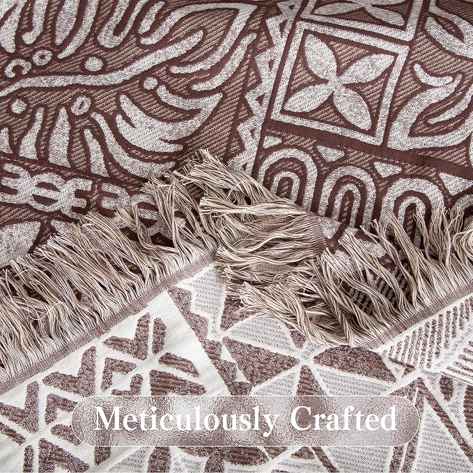 Phuryllic Boho Throw Blanket Twin Size, Soft Cozy Cotton Muslin Quilt Blanket for Bed Decor, Patchwork Block Couch Sofa Chair Cover, Vintage Farmhouse Cottage Tapestry Woven Blanket, Brown&White