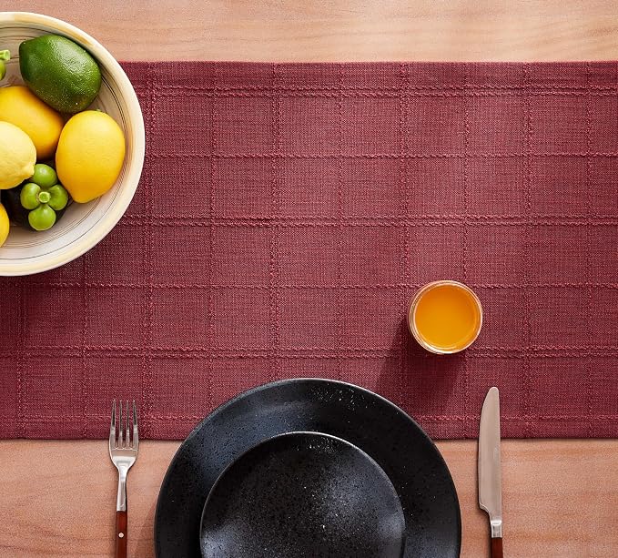 ZeeMart Linen Checked Farmhouse Table Runner, 13x108 Inches Burgundy | Raised Grid Design, Rich Woven Texture, Linen Blend Table Runners 108 Inches Long, Machine Washable, Boho Home Kitchen Decor
