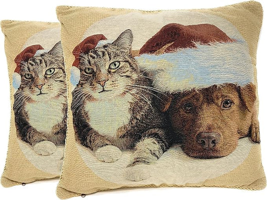 Tache 2 Piece Christmas Companions Tabby Cat Labrador Retriever Dog in Santa Hat Holiday Festive Tapestry Woven Throw Pillow Cushion Covers Set
