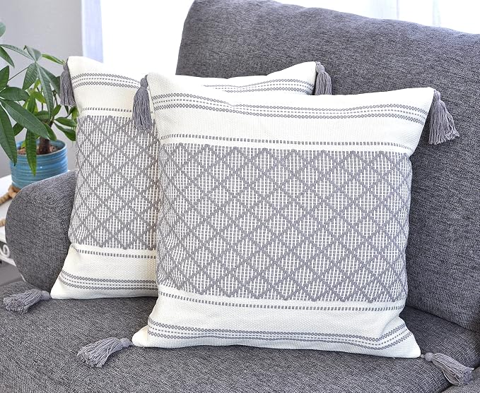 Gray 16x16 Pillow Covers - Set of 2 / Decorative Grey Boho Tassels Indoor Outdoor Cushion Covers Checkrered Geometric Pattern / Farmhouse Designer Woven PillowCases/ Modern Accent Throw PillowCovers