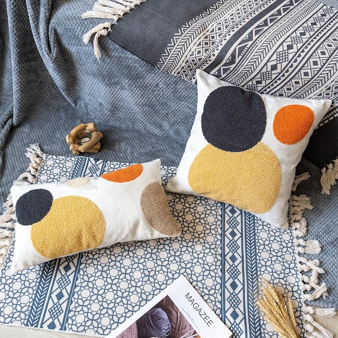 Lumbar Throw Pillow Cover, Boho Tufted Mid Century Rectangle Pillowcase for Modern Bedroom Living Room, Abstract Textured Cushion Sham, 12x20 inch, 1PCS (Yellow Orange)
