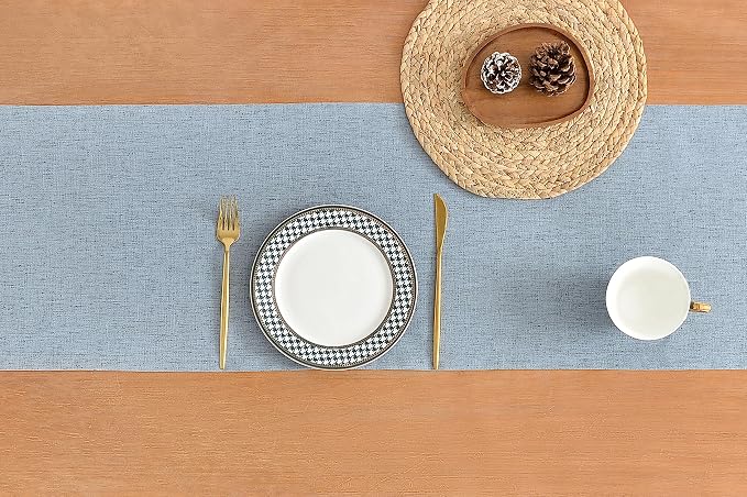 Wracra Linen Table Runner, Burlap Dusty Blue Table Runners 90 Inches Long | Rich Woven Linen Blend Fabric, Machine Washable, Rustic Farmhouse Handcrafted Table Runner for Dresser Dining Table Decor