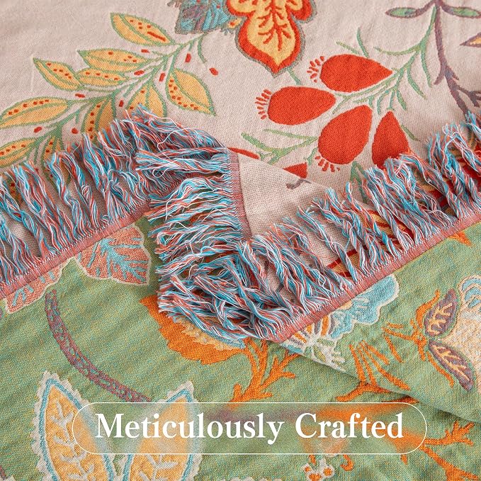 Phuryllic Boho Throw Blanket Throw Size, Soft Cozy Cotton Muslin Quilt Blanket for Bed Decor, Bird Patterned Couch Sofa Chair Cover, Vintage Farmhouse Cottage Tapestry Woven Blanket, Coral&Green