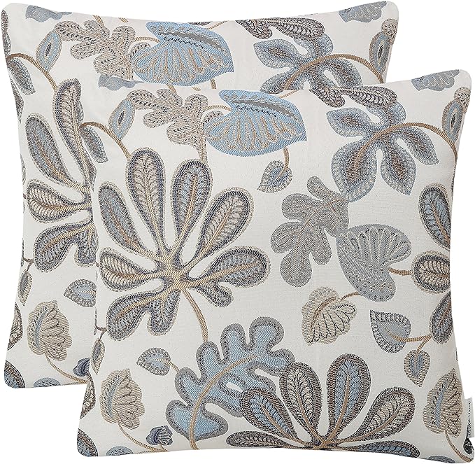 Mika Home Set of 2 Jacquard Tropical Leaf Pattern Throw Pillow Covers Decorative Pillowcase 20x20 Inches, Blue Cream