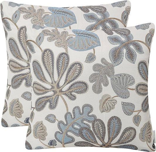 Mika Home Set of 2 Jacquard Tropical Leaf Pattern Throw Pillow Covers Decorative Pillowcase 20x20 Inches, Blue Cream