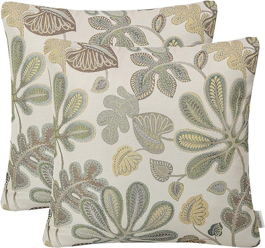 Mika Home Set of 2 Jacquard Tropical Leaf Pattern Throw Pillow Covers Decorative Pillowcase 20X20 Inches,Green Cream