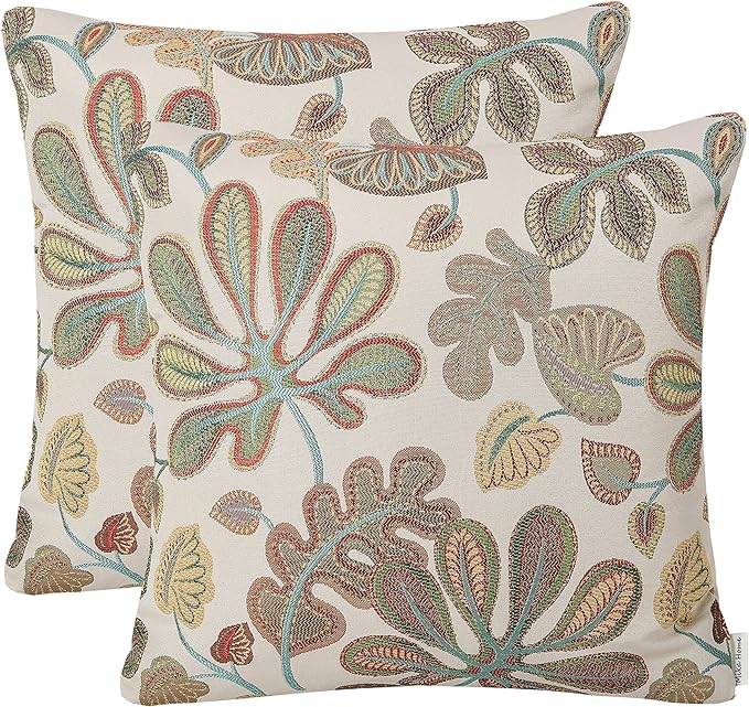 Mika Home Set of 2 Jacquard Tropical Leaf Pattern Throw Pillow Covers Decorative Pillowcase 20X20 Inches,Teal Cream