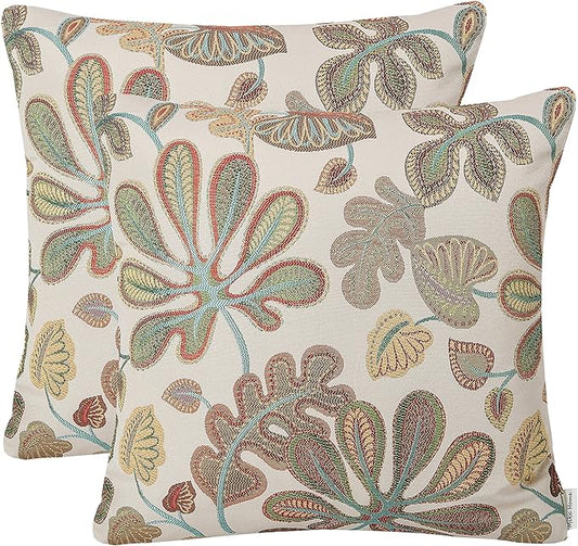 Mika Home Set of 2 Jacquard Tropical Leaf Pattern Throw Pillow Covers Decorative Pillowcase 20X20 Inches,Teal Cream